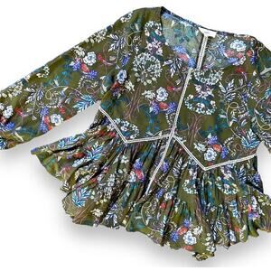 Entro Floral Print Peasant Blouse Top Fits Sz M Olive Green Long Balloon Sleeve